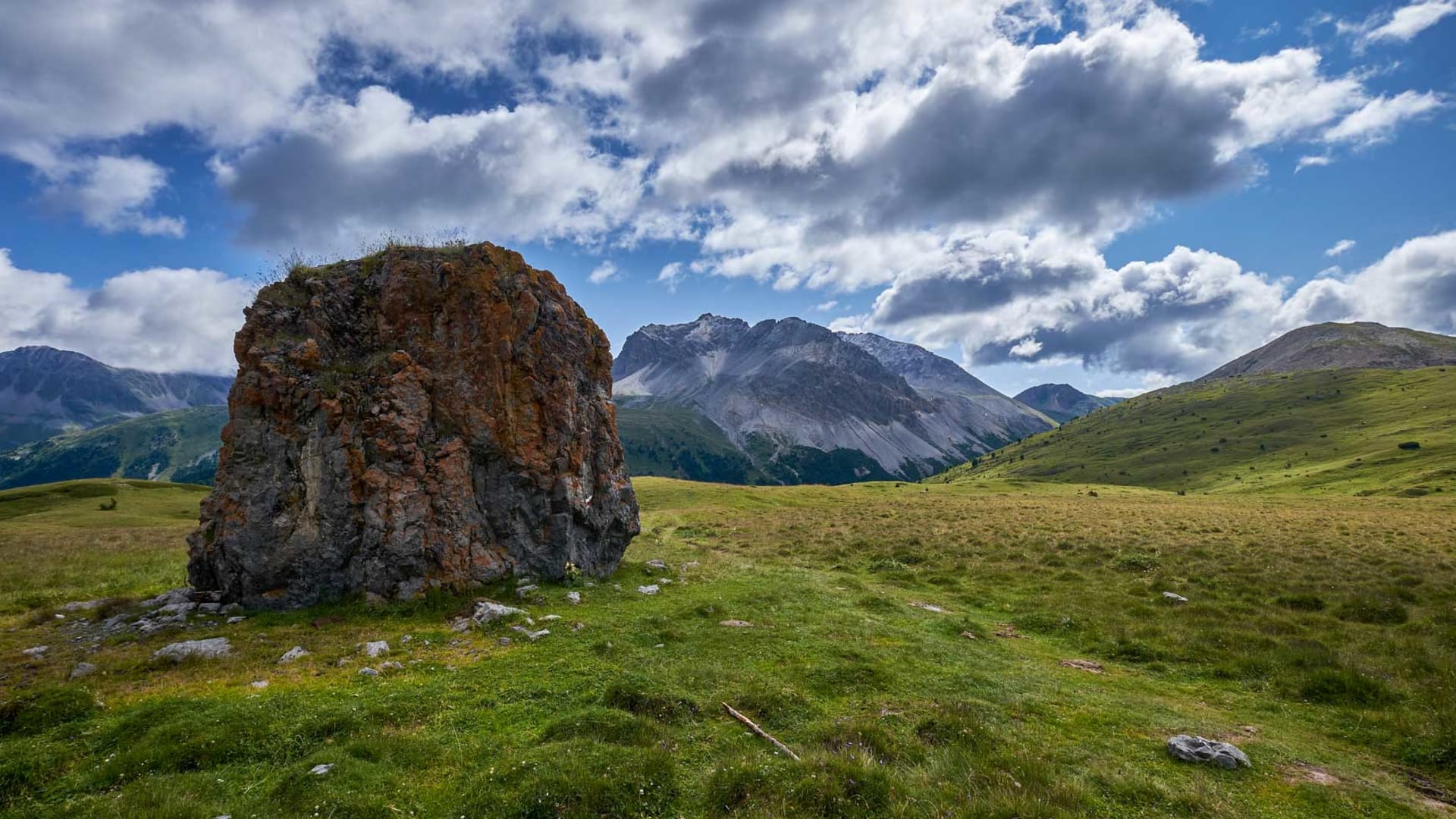 Weitläufige Almwiese im Engadin mit einzelnem Felsblock und felsigem Bergmassiv im Hintergrund.