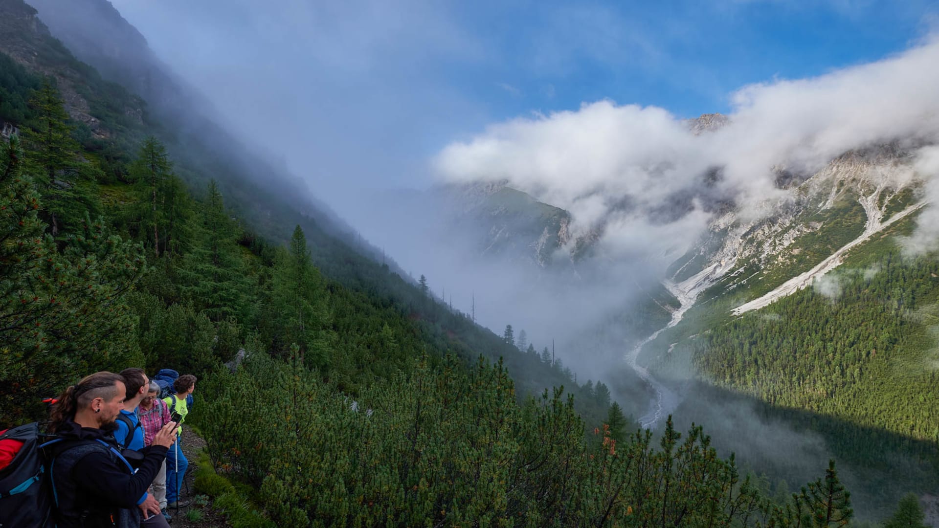 Vier Bergwanderer pausieren auf einem Hangweg im Engadin und blicken in das bewaldete Tal.