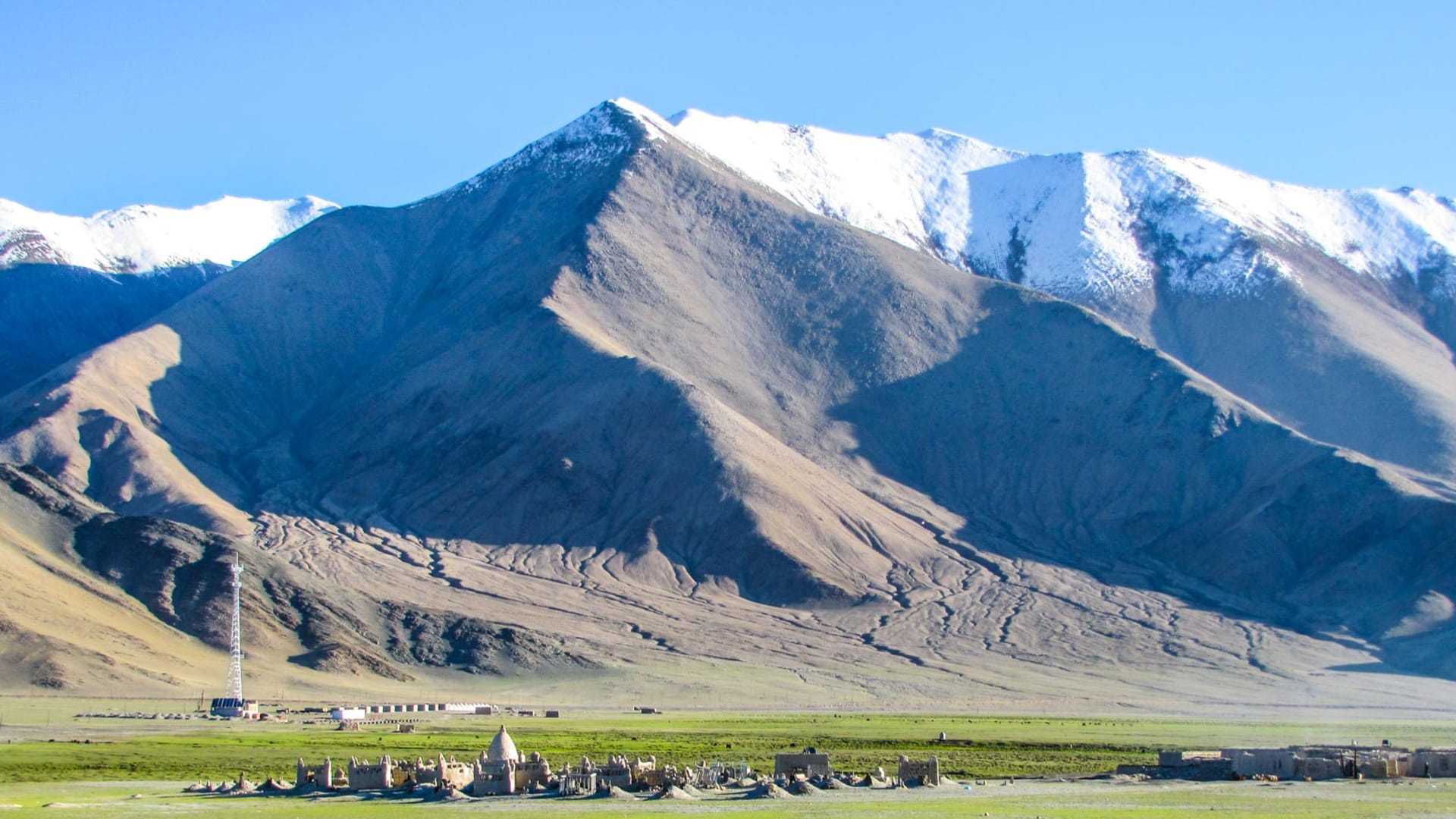 Expedition am Mustagh Ata: Hochtal mit Lehmbauanlage, Steppe und schneebedeckter Bergkette im Pamir-Hintergrund.