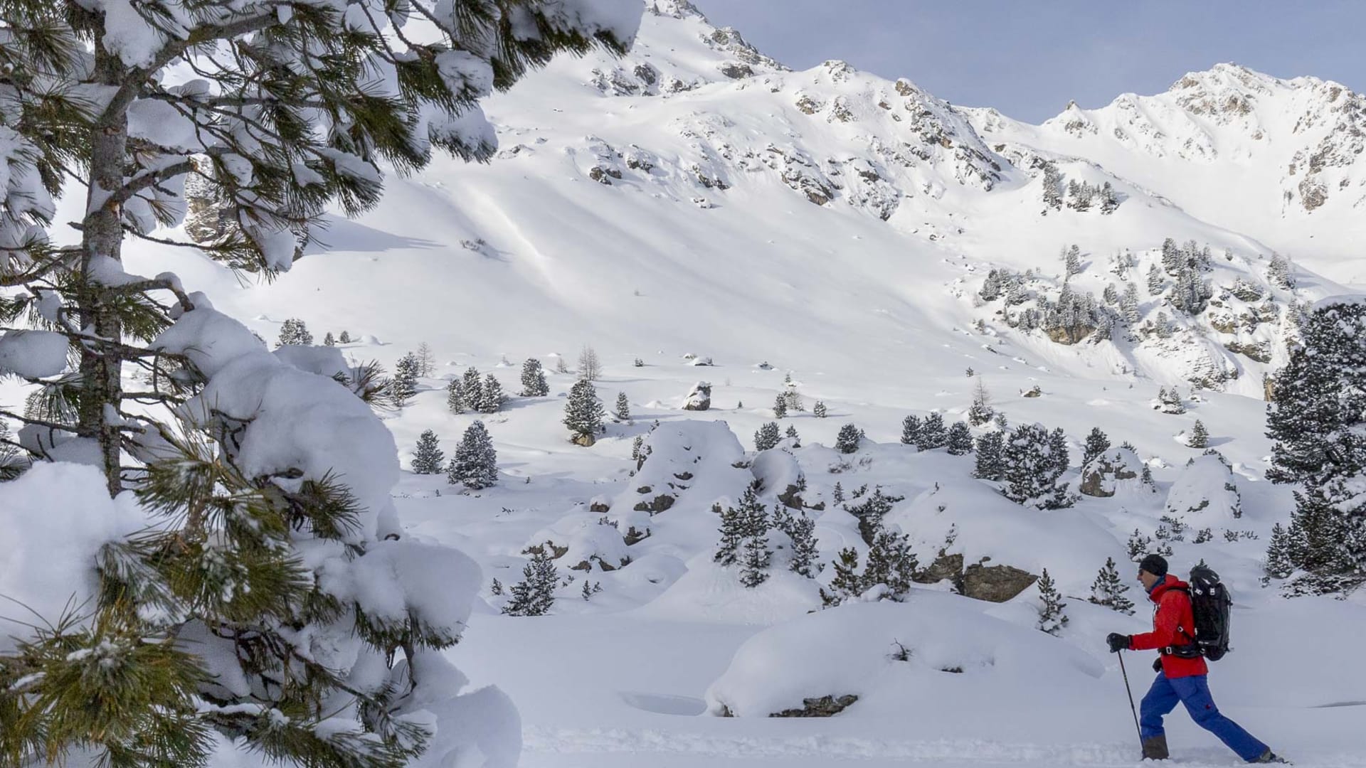 Skitourengeher mit roter Jacke und Rucksack durchquert Tiefschnee nahe der Lizumer Hütte in den Tuxer Alpen.