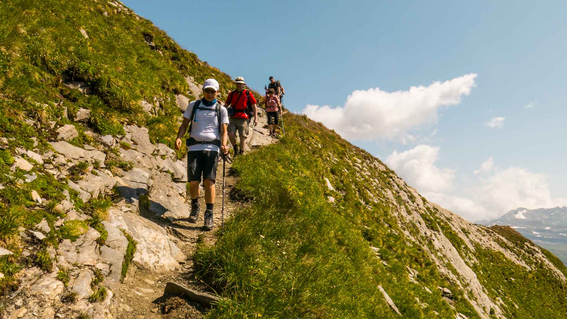 Vier Bergwanderer steigen mit Rucksäcken und Wanderstöcken auf einem Grasberg­pfad bei Chamonix am Mont Blanc ab.