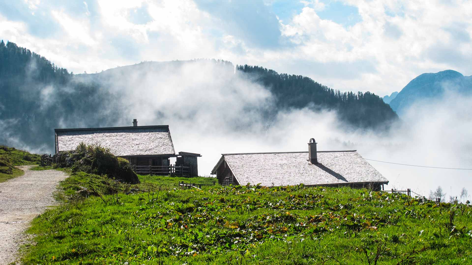 Bergwanderung im Nationalpark Berchtesgaden: zwei Holzalmhütten mit Schindeldach auf grüner Alm, felsiger Gipfel im Hintergrund.