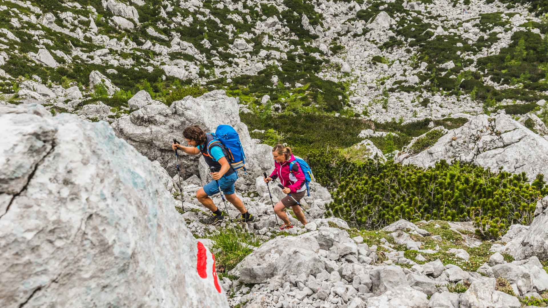 Zwei Bergwanderer steigen mit Wanderstöcken über Kalksteinschutt in den Berchtesgadener Alpen aufwärts.