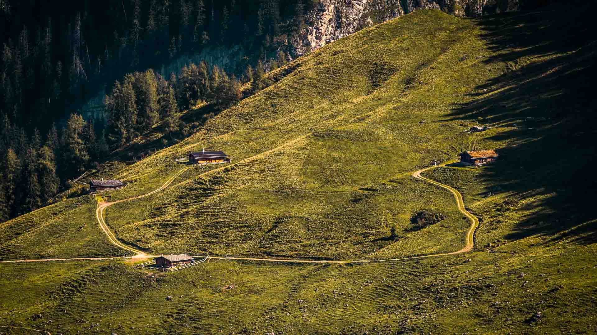Bergwanderung Hüttentour Berchtesgaden: Vier traditionelle Almhütten auf steilem Grashang mit Schotterwegen im Sommer
