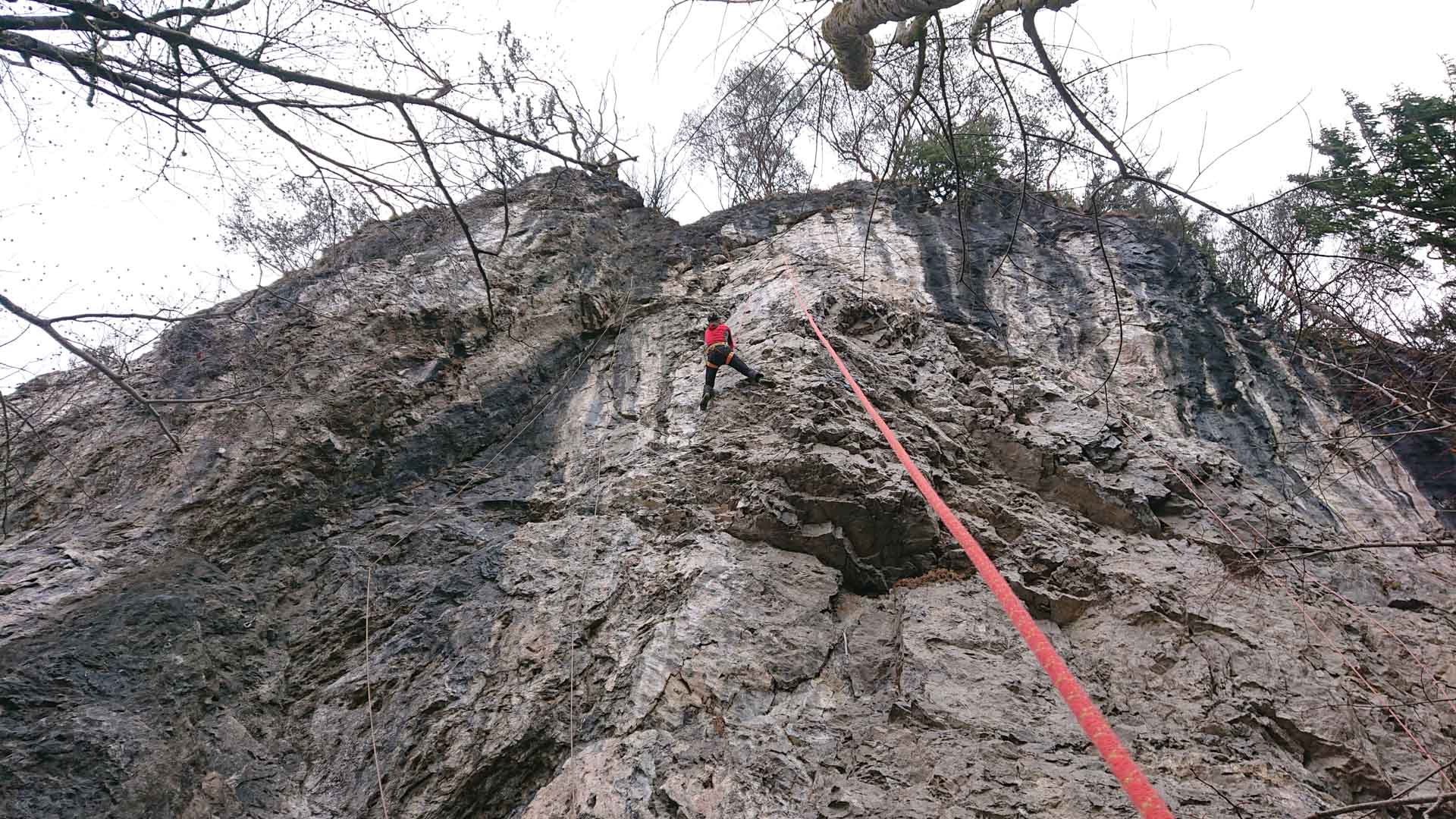 Eiskletterer klettert eine senkrechte Kalkstein-Felswand beim Drytooling in Oberau mit rotem Seil.
