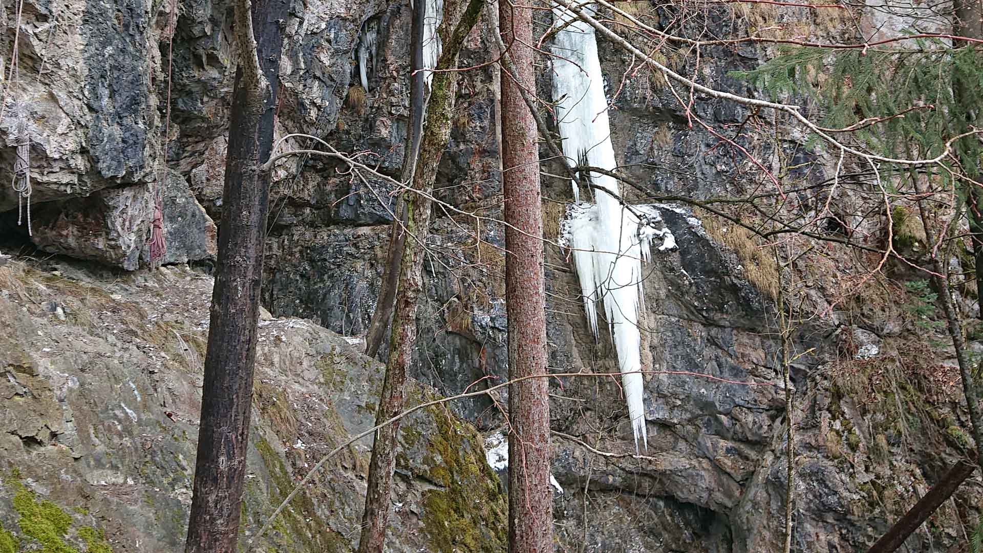Gefrorener Wasserfall als Eissäule an dunkler Felswand bei Oberau mit zwei hängenden Kletterseilen.