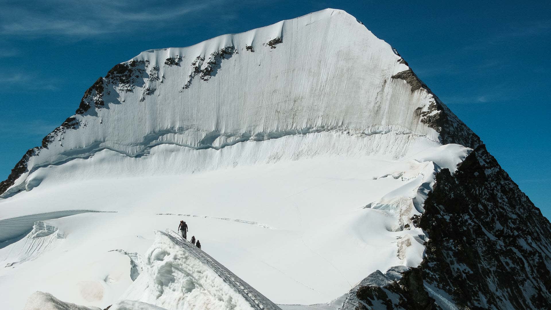 Hochtour zum Eigerjoch: drei Bergsteiger steigen in Reihe auf einem Schnee-Eis-Grat am Eiger auf.