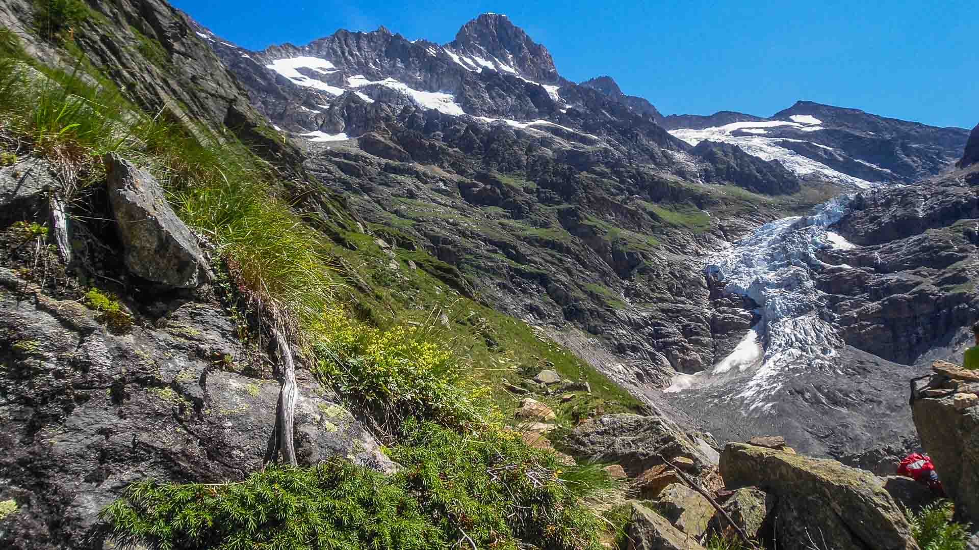 Hochtour am Grimselpass: Zerklüfteter Gletscher im Felskar, begrünter Hang mit Latschenkiefer und rotem Rucksack auf Felsen