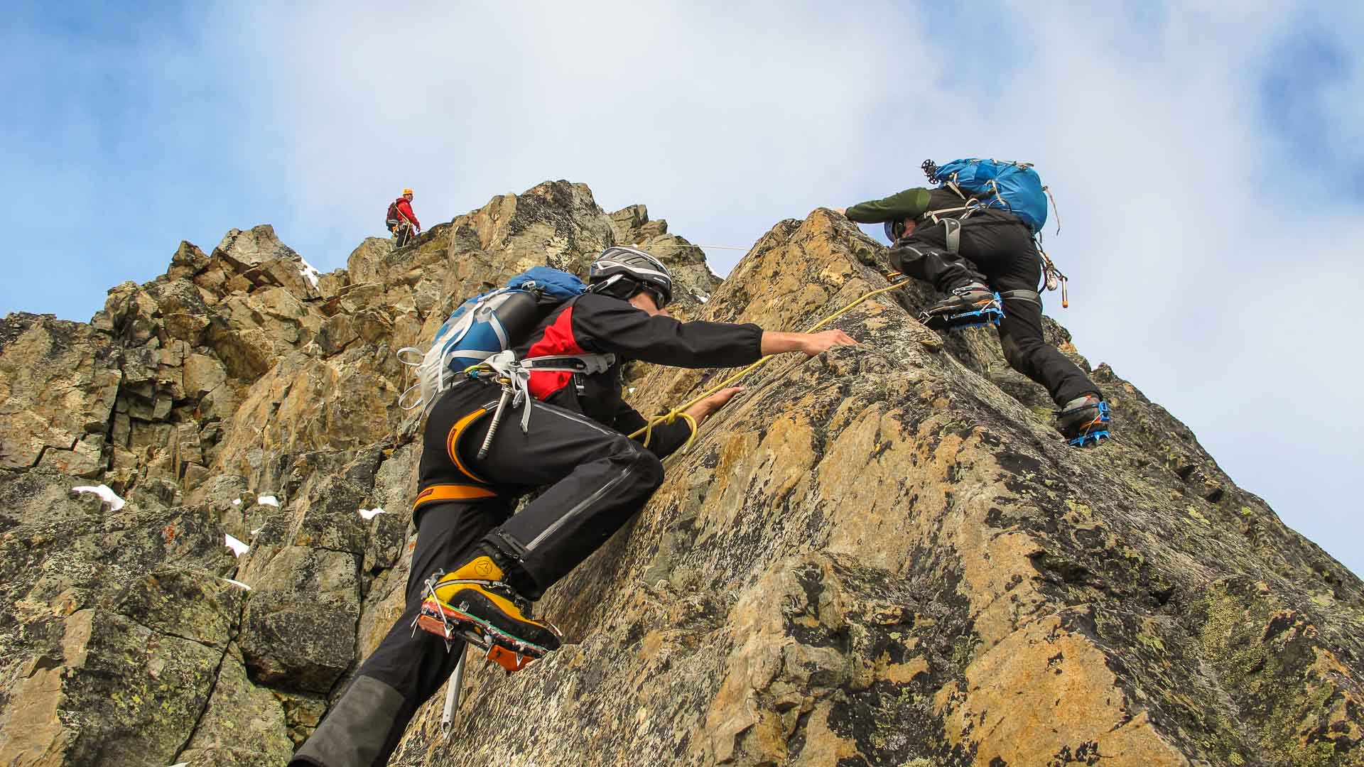 Hochtour am Eselsgrat des Piz Roseg: drei Bergsteiger klettern gesichert an steilem Felsgrad mit Steigeisen.