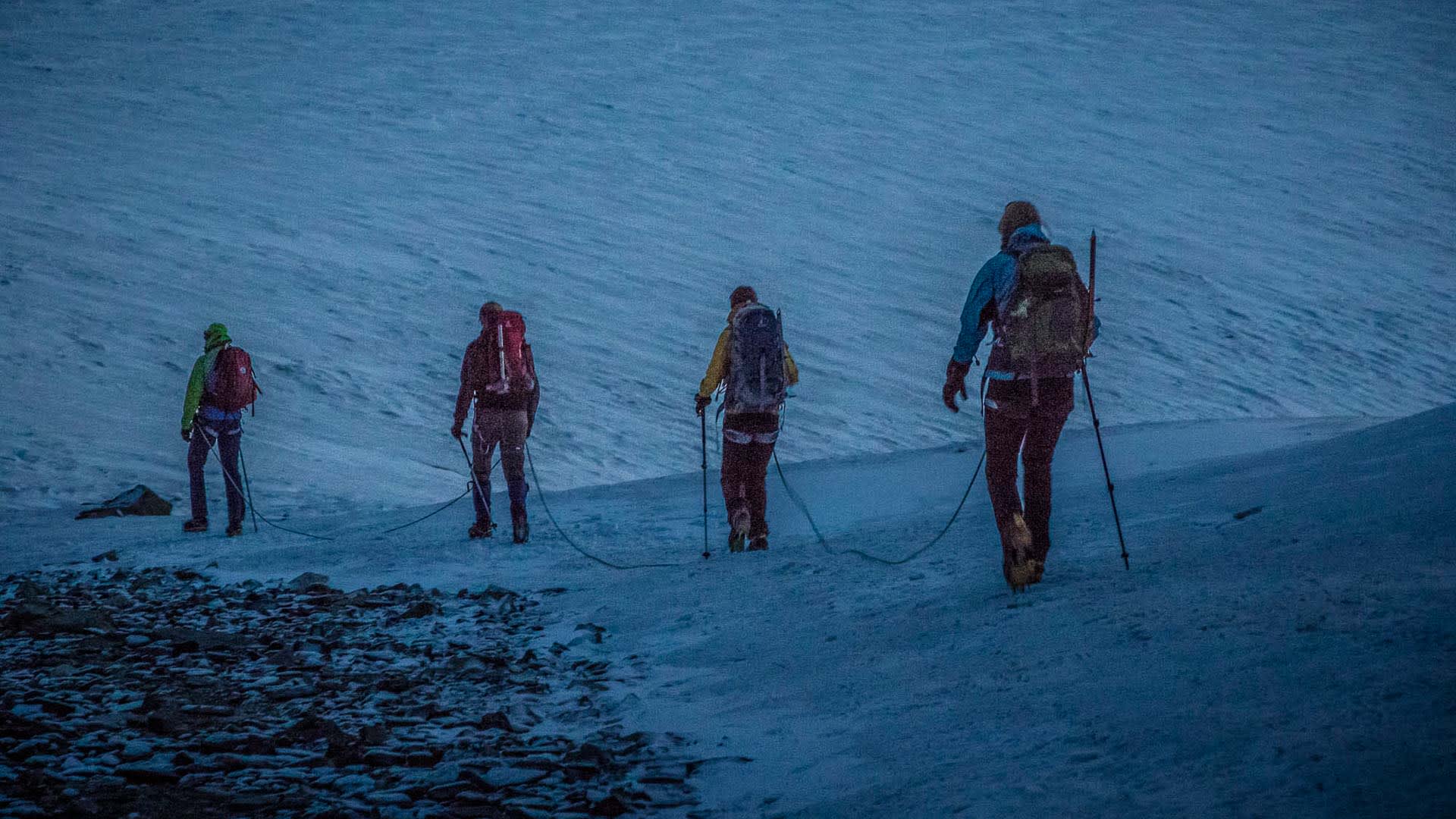 Hochtour am Weissmies im Wallis: vier angeseilte Bergsteiger steigen in der Dämmerung einen Schneehang auf.