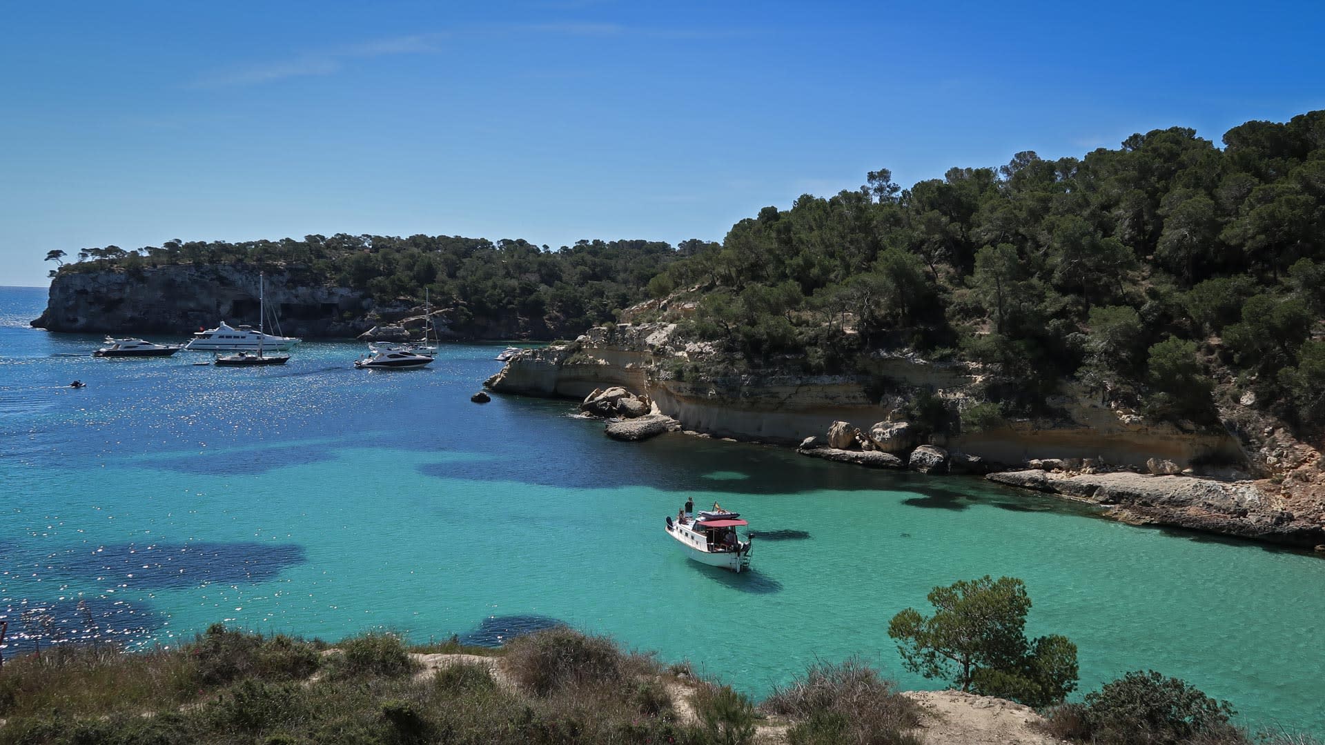 Türkisblaue Meeresbucht auf Mallorca, von Kalksteinfelsen und Pinien eingefasst, Boot auf dem Wasser, erhöhte Perspektive.