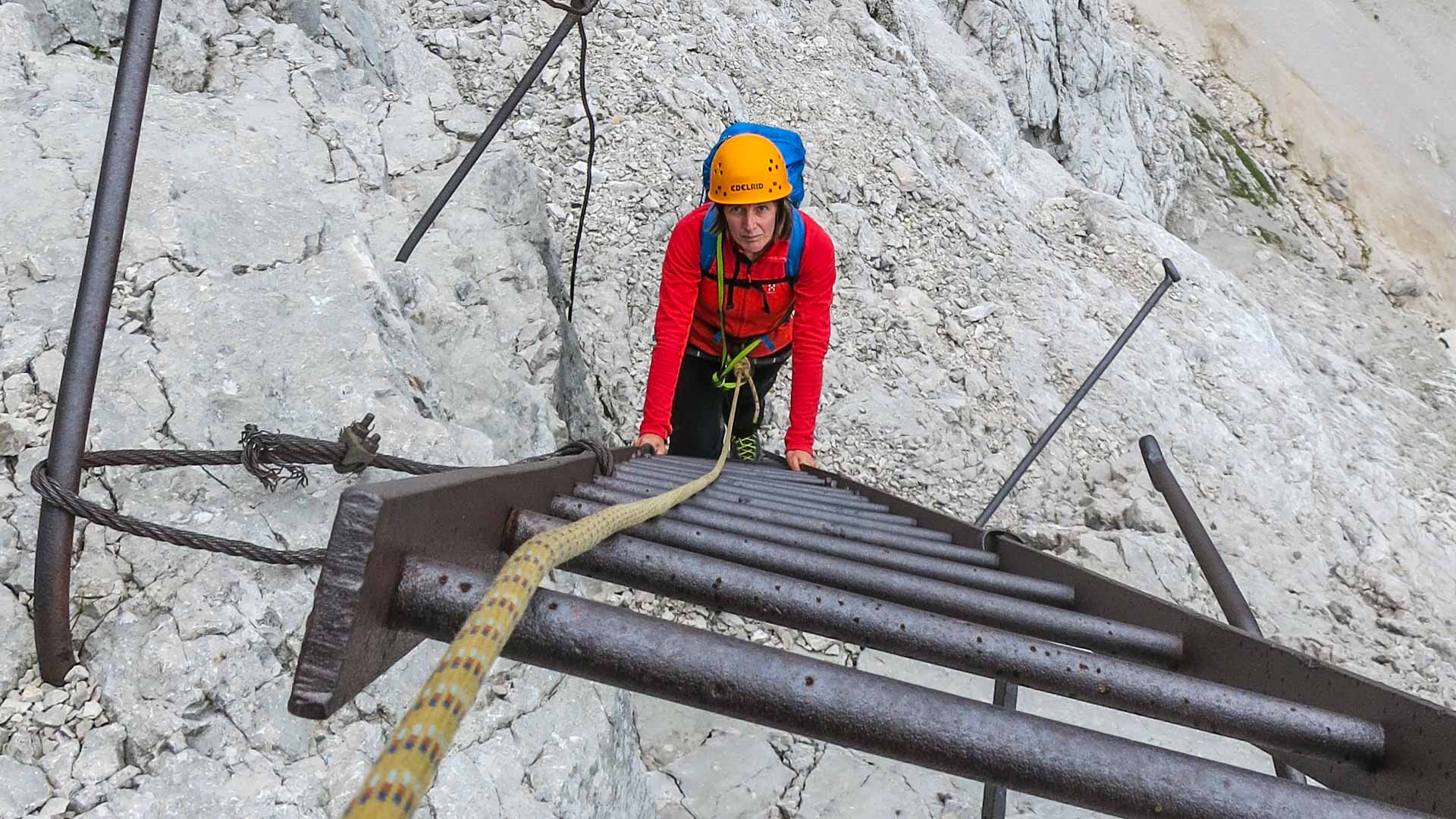 Kletterer steigt in der Zugspitze Nordwand eine verwitterte Eisenleiter auf, gesichert mit Stahlseil und Klettergurt.