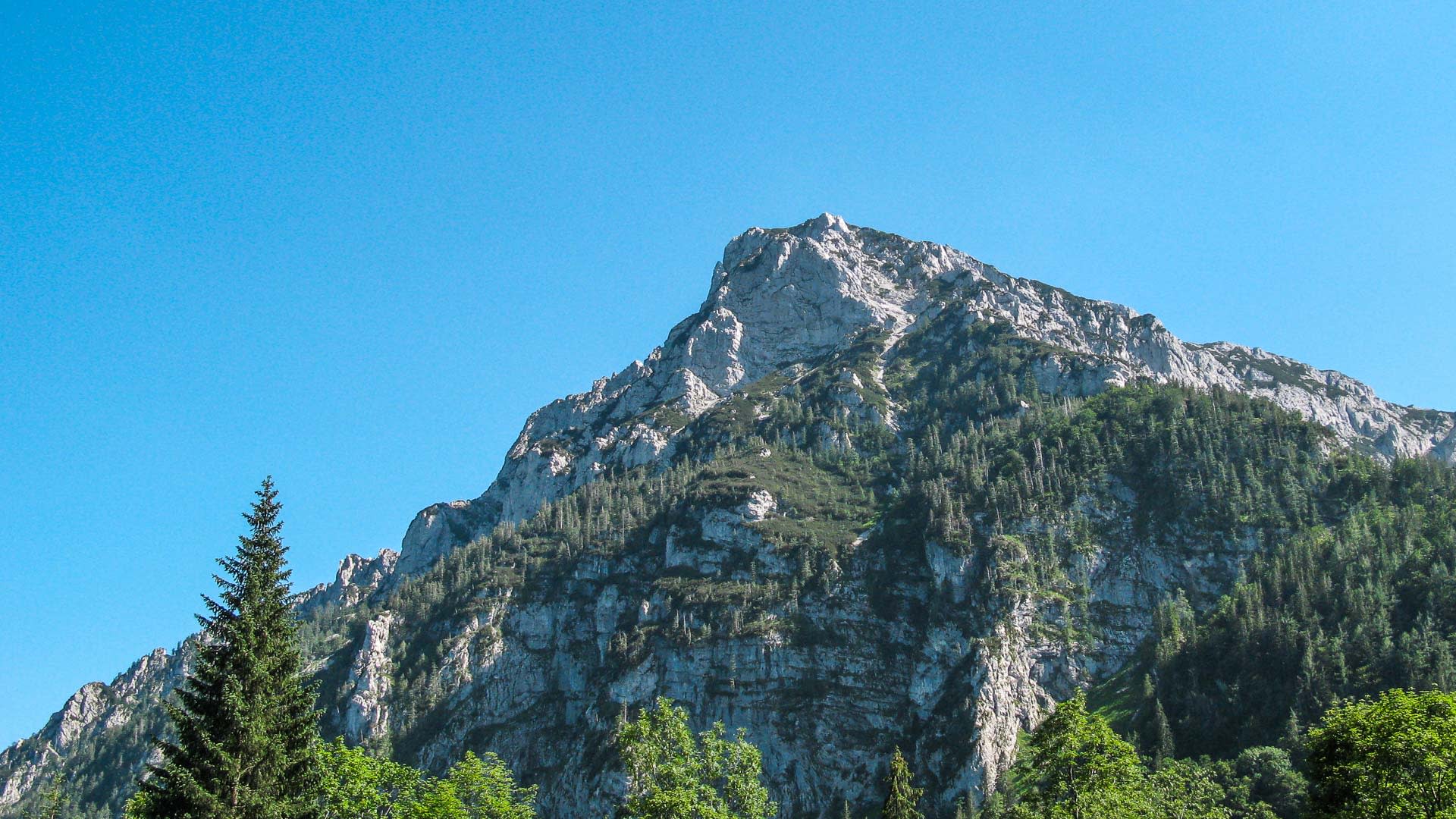 Blick von unten auf den zerklüfteten Kalkfelsgipfel des Hohen Staufen für den Pidinger Klettersteig.