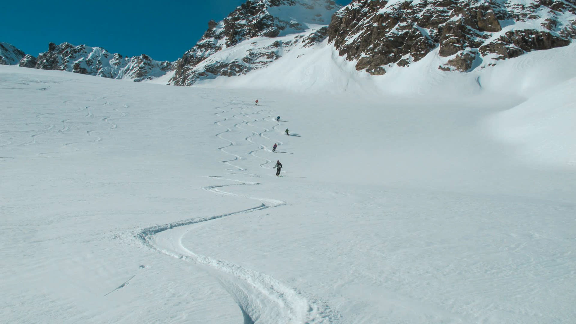 Fünf Skitourengeher fahren in einer Linie durch Pulverschnee an einem weiten Hang in der Sesvennagruppe ab.