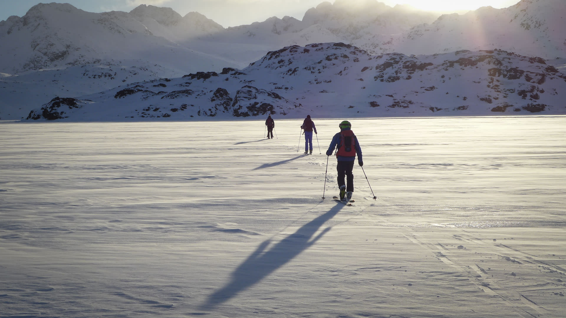 Drei Skitourengeher im Aufstieg über ein weites Schneefeld in Grönland im Gegenlicht der tief stehenden Sonne.