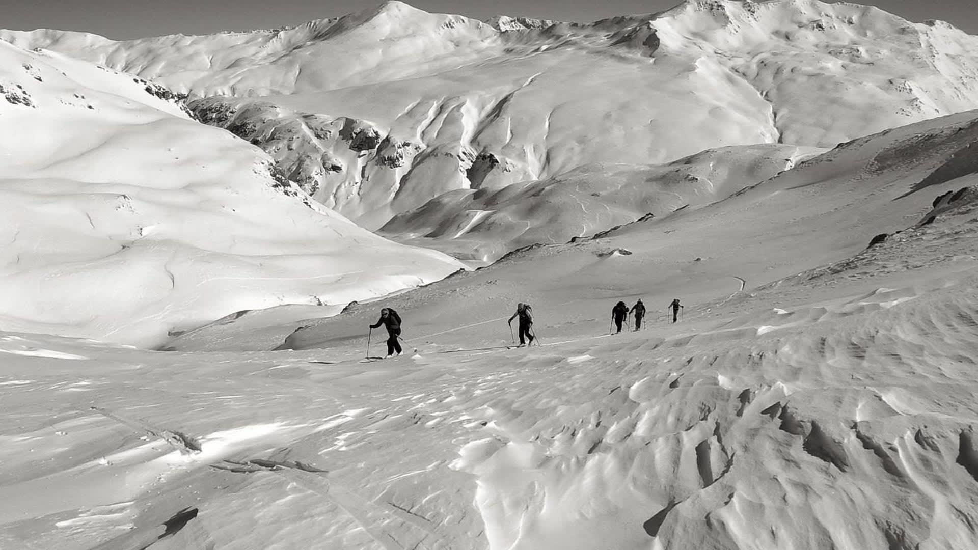 Fünf Skitourengeher steigen in lockerer Reihe den schneebedeckten Hang zum Piz Sesvenna auf.