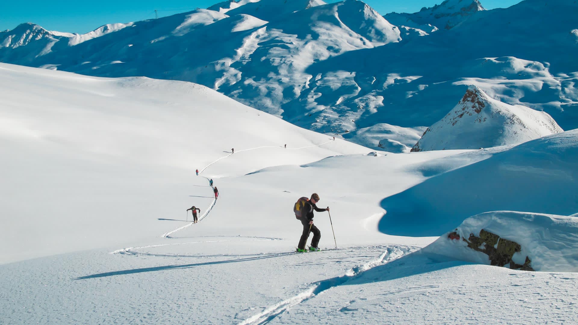 Gruppe von Skitourengehern steigt in kurvenförmiger Spur einen Schneehang an der Heidelberger Hütte auf.