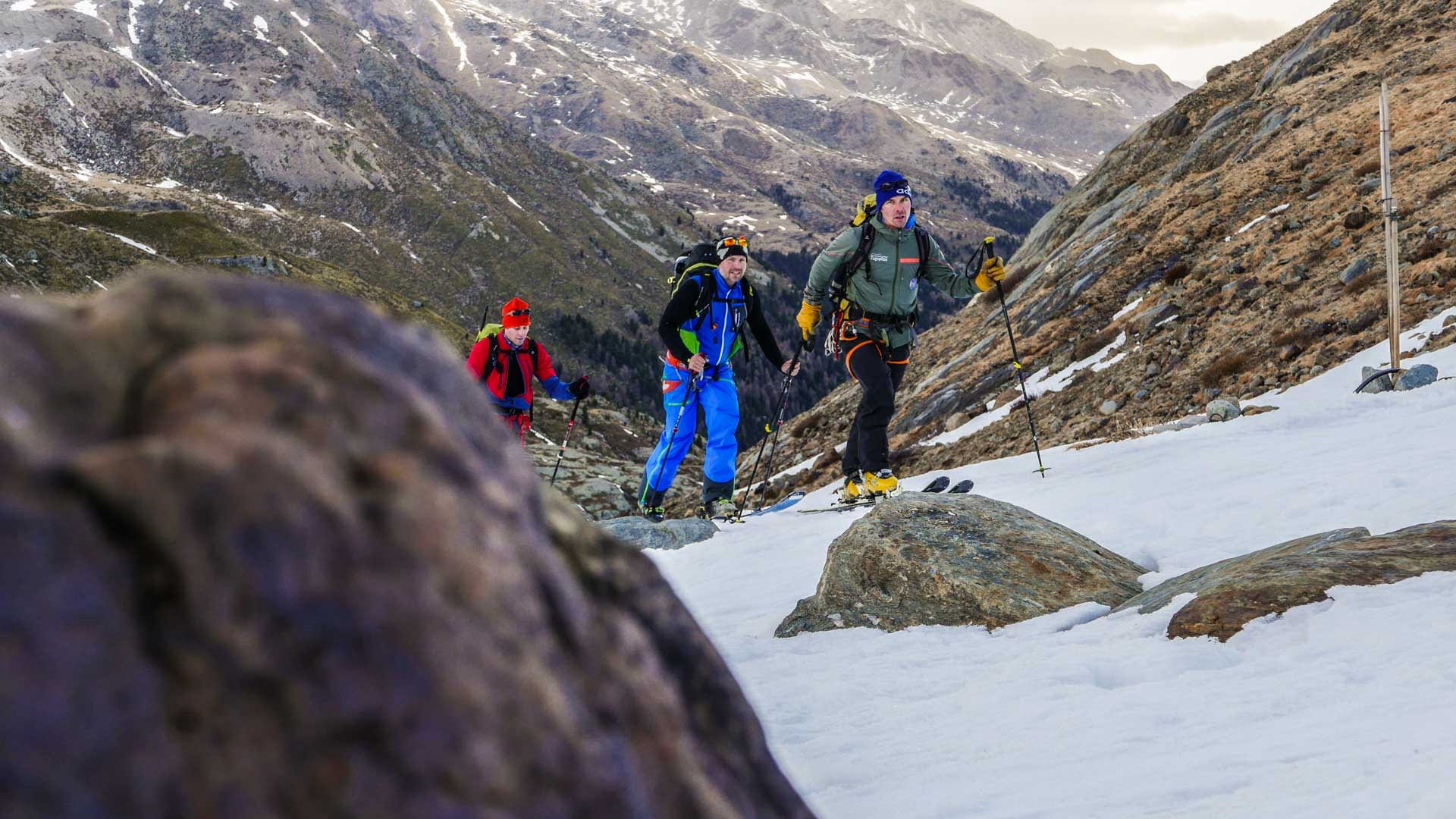 Drei Skitourengeher mit Fellen steigen einen verschneiten Hang am Cevedale nahe der Zufallhütte im Ortlergebiet auf.