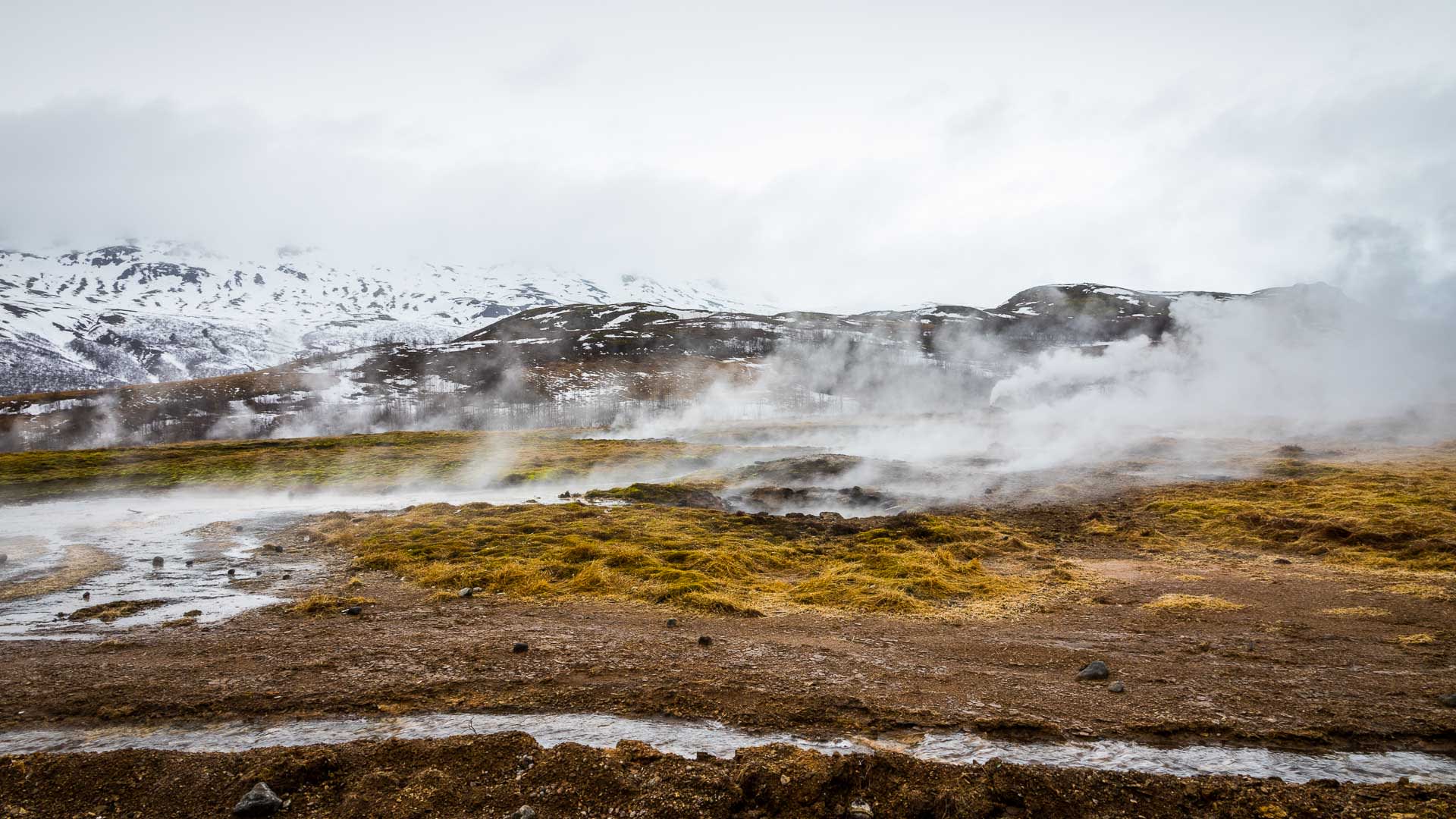 Aktive Dampfquellen und Thermalquellen in einem isländischen Geysirgebiet im Winter, Bestandteil von Skitouren Island.