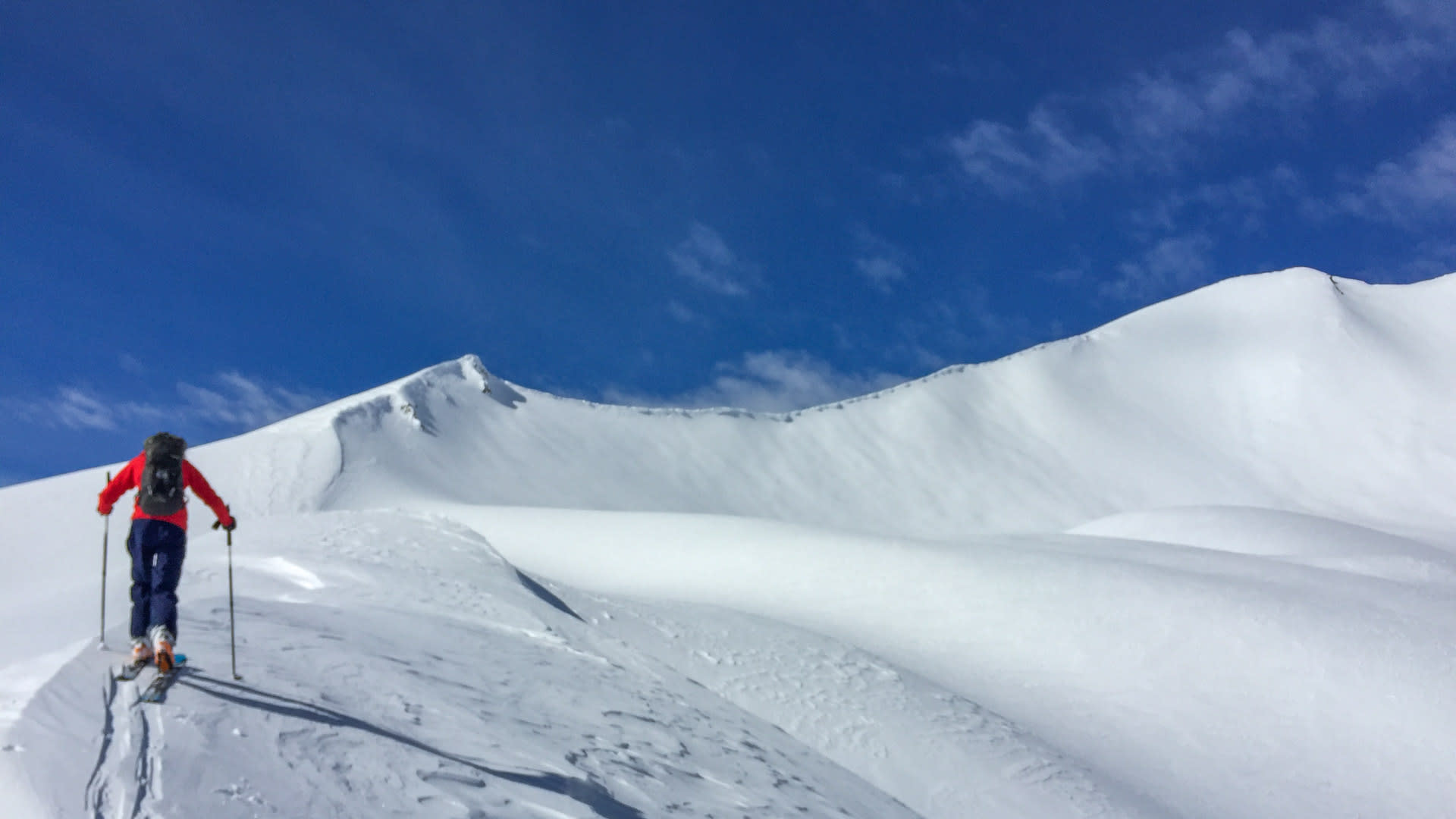 Skitourengeher mit roten Jacket und Fellen beim Aufstieg zum Gran Paradiso, im Hintergrund Schneegrat mit Wächtenformationen