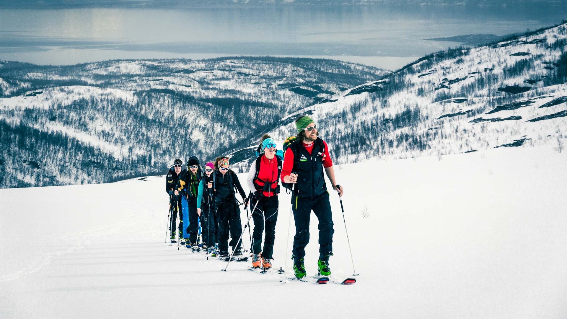 Sechs Skitourengeher mit Fellen steigen in einer Reihe einen verschneiten Hang in den Lyngen Alps auf, Fjord im Hintergrund.