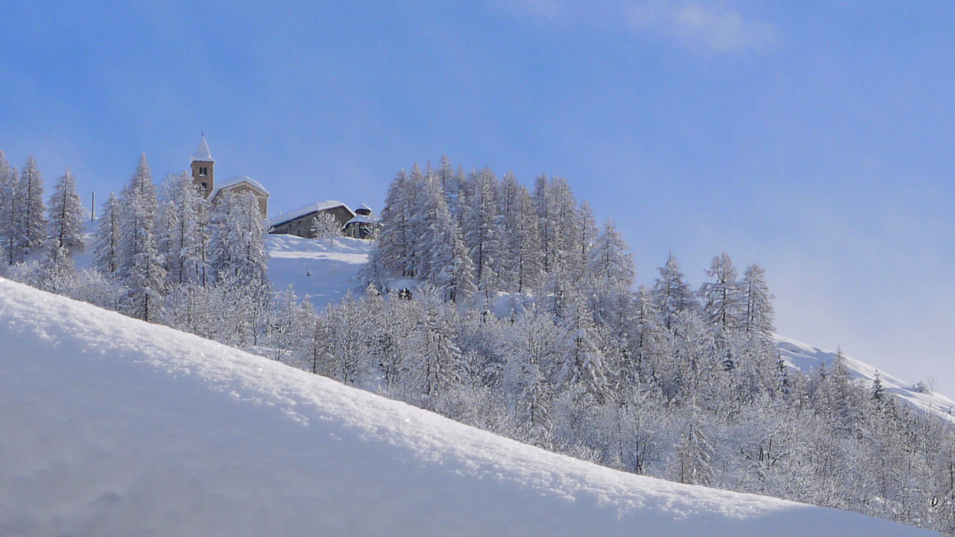 Skitour im Valle Maira: verschneiter Hang mit bereiften Lärchen und dem Kirchturm von Marmora unter blauem Winterhimmel.