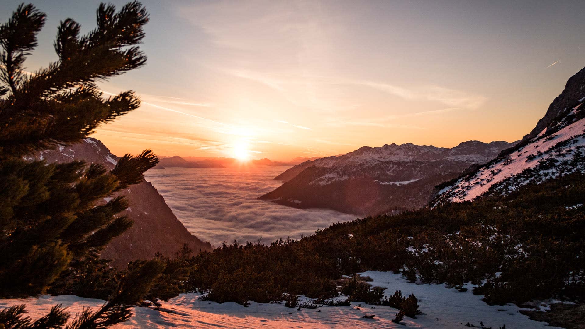 Sonnenaufgang am Schneibstein bei Berchtesgaden – Nebelmeer im Tal, Berggipfel als Silhouetten, verschneiter Vordergrund.