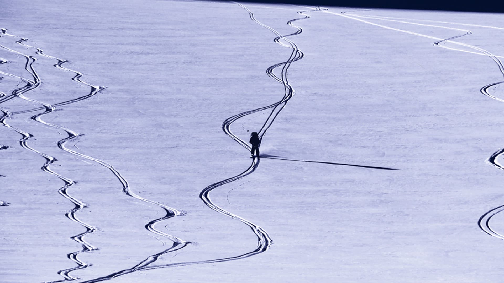 Ein Skitourengeher steht als Silhouette auf einem verschneiten Hang am Großglockner, umgeben von Skispuren.