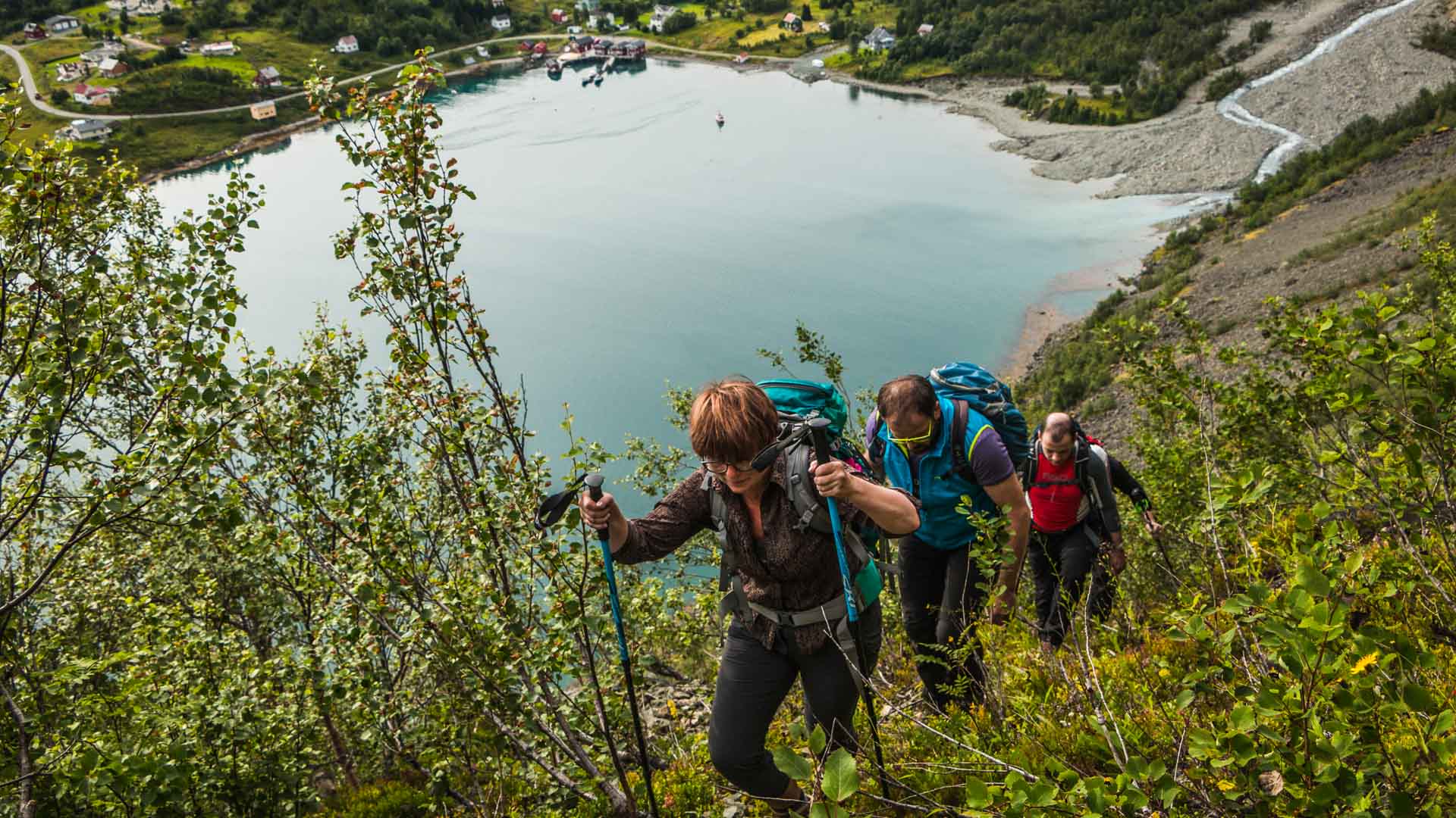 Drei Trekker steigen einen bewachsenen Hang in Nordnorwegen auf, im Hintergrund ein Fjord mit Kiesstrand und Siedlung.