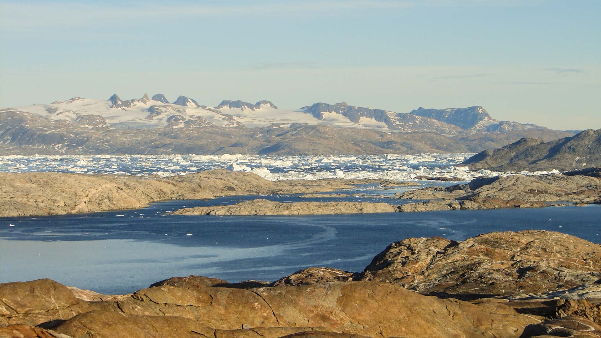 Trekking am Sermilik Fjord in Ostgrönland: Blick von Felsplatten auf eisbergbedecktes Fjordwasser und Bergkette.