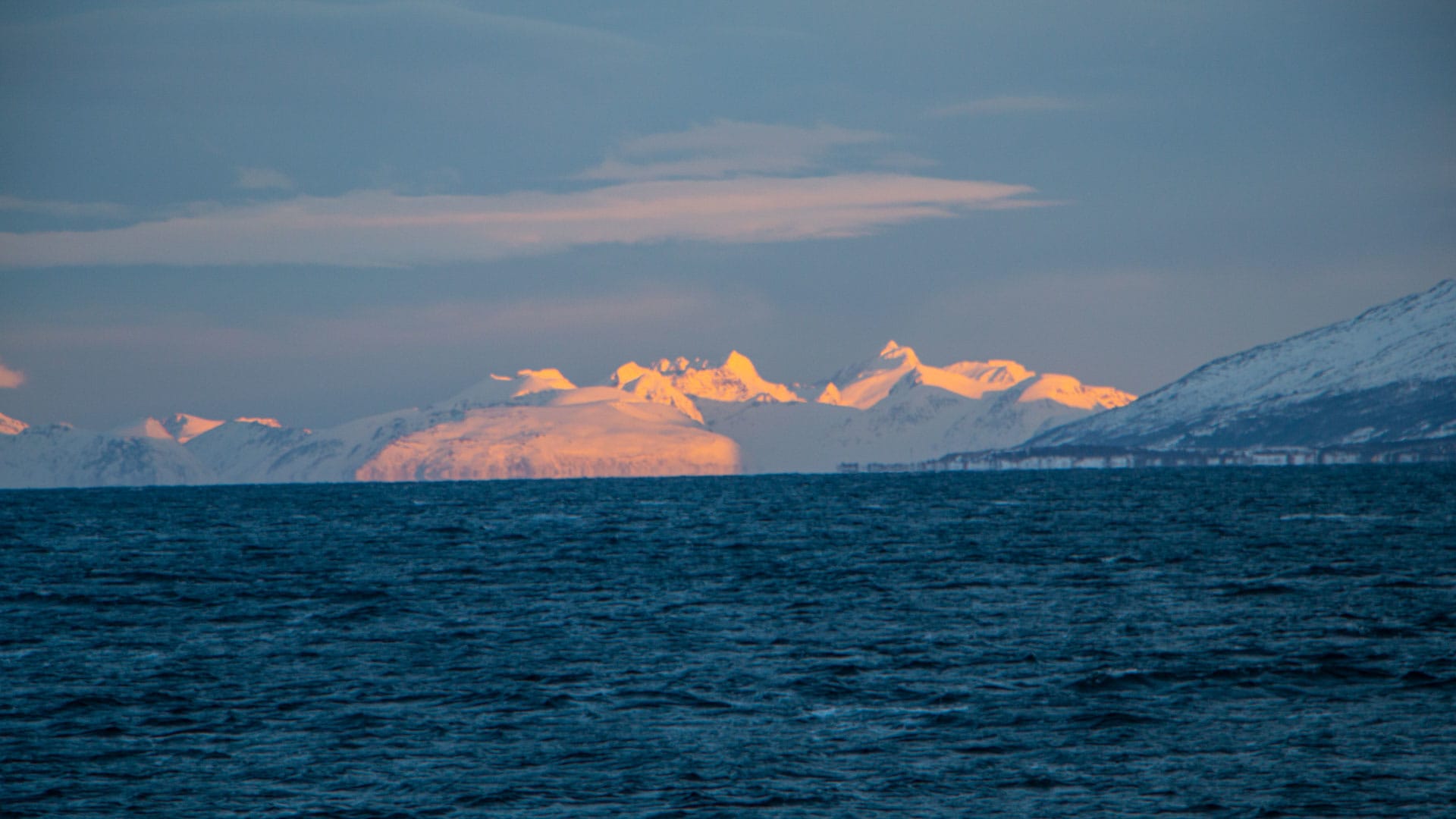 Winterwanderung in Norwegen: Schneebedeckte Gipfel der Lyngen Alps im orangen Alpglühen über einem dunklen Fjord.