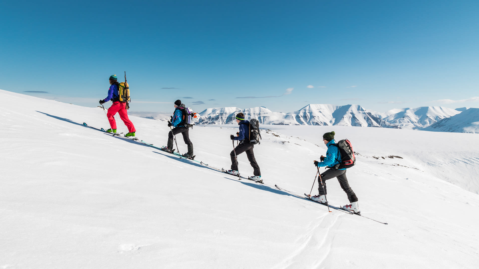 Vier Skitourengeher mit Tourenski und Fellen steigen in einer Reihe einen schneebedeckten Hang in Spitzbergen