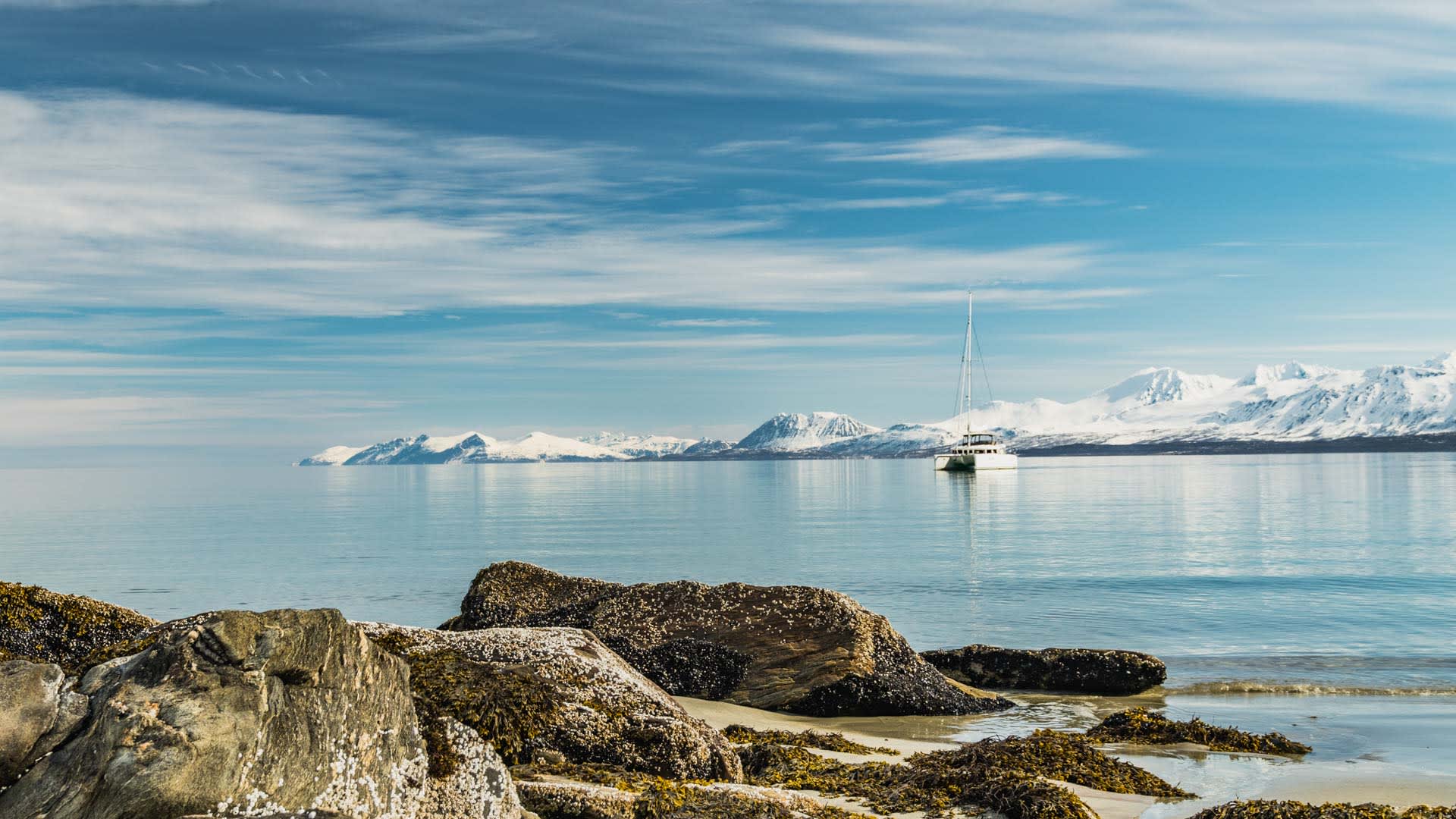 Skitour Lyngen Alps: weißer Katamaran ankert vor schneebedeckter Bergkette in ruhigem Fjordwasser.