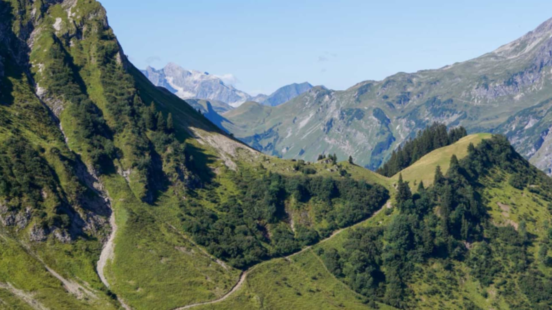 Panorama von der Enzianhütte über mehrere Täler und Bergketten der Allgäuer Alpen mit Wanderwegen.
