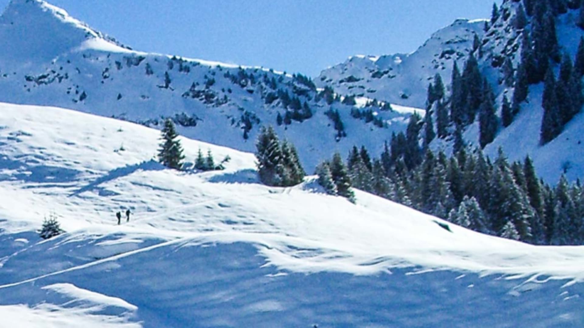Skitour in den Kitzbüheler Alpen: zwei Skitourengeher steigen einen verschneiten Hang mit Gipfel auf.