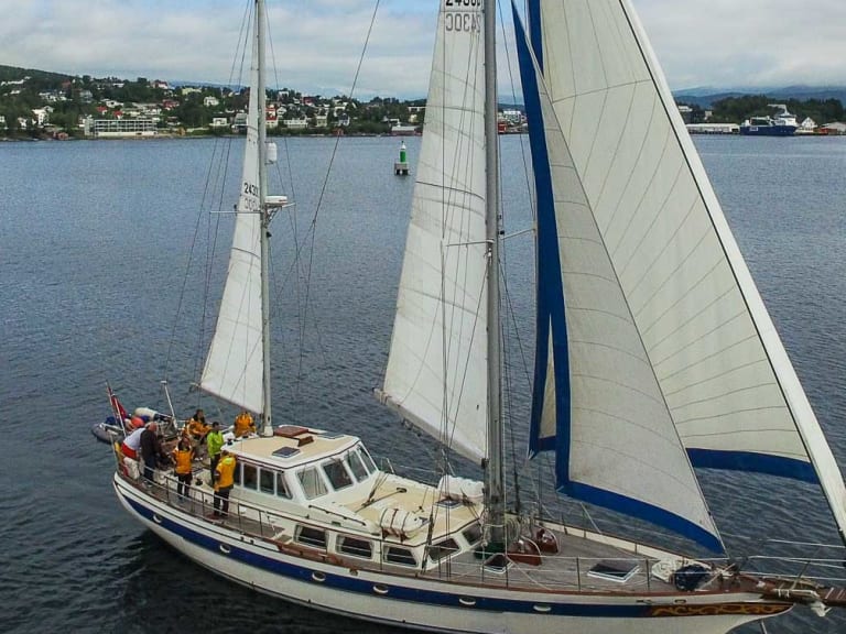 Luftaufnahme der Ylva mit weißem Rumpf und gesetzten Segeln vor bewaldeter norwegischer Küste mit Ortschaften am Ufer.