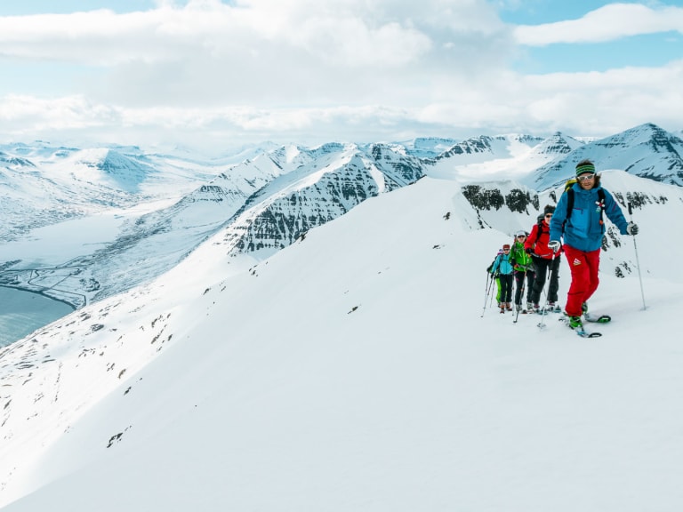 Fünf Skitourengeher in bunter Skibekleidung bewegen sich auf schneebedecktem Berggrat, Bergführer Hansi Stöckl führt die Gruppe durch arktische Landschaft.