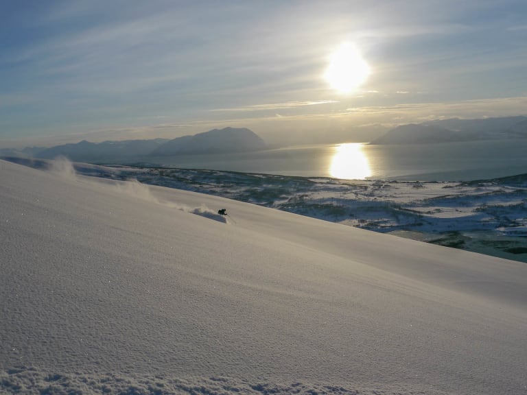 In Norwegen fährt Bergführer Christoph Sokoll einen steilen Schneehang hinab, während Pulverschnee aufwirbelt.