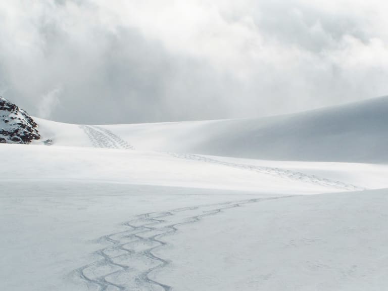 Weitläufige Gletscherlandschaft mit Skispuren im Firn zeigt die Tourenführung von Bergführer Felix Gruber durch das Hochgebirge.