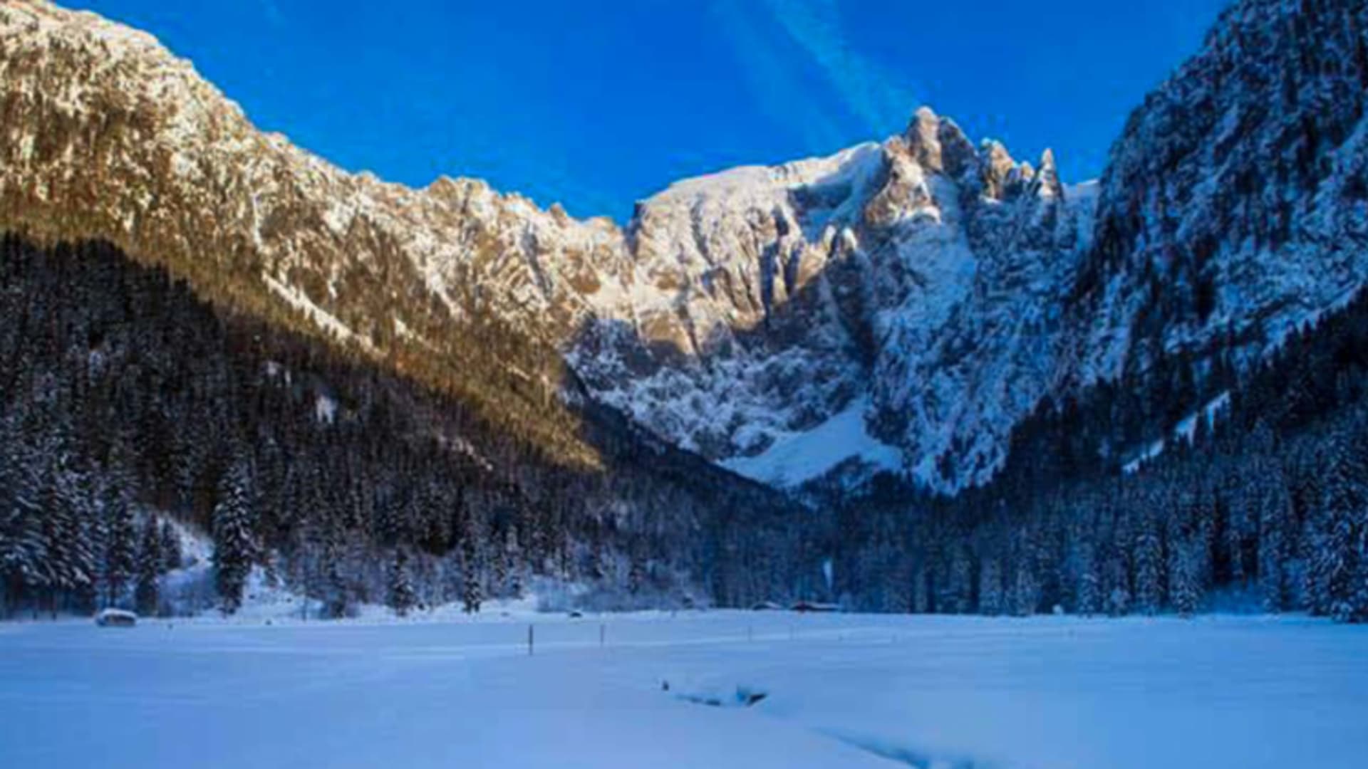 Winterlandschaft nahe der Scharitzkehlalm mit schneebedeckter Talsohle und bewaldeten Hängen.