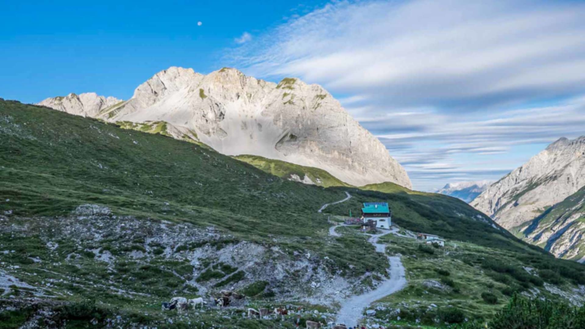 Wandergruppe beim Aufstieg zur Pfeishütte durch das grüne Almgelände im Karwendel.