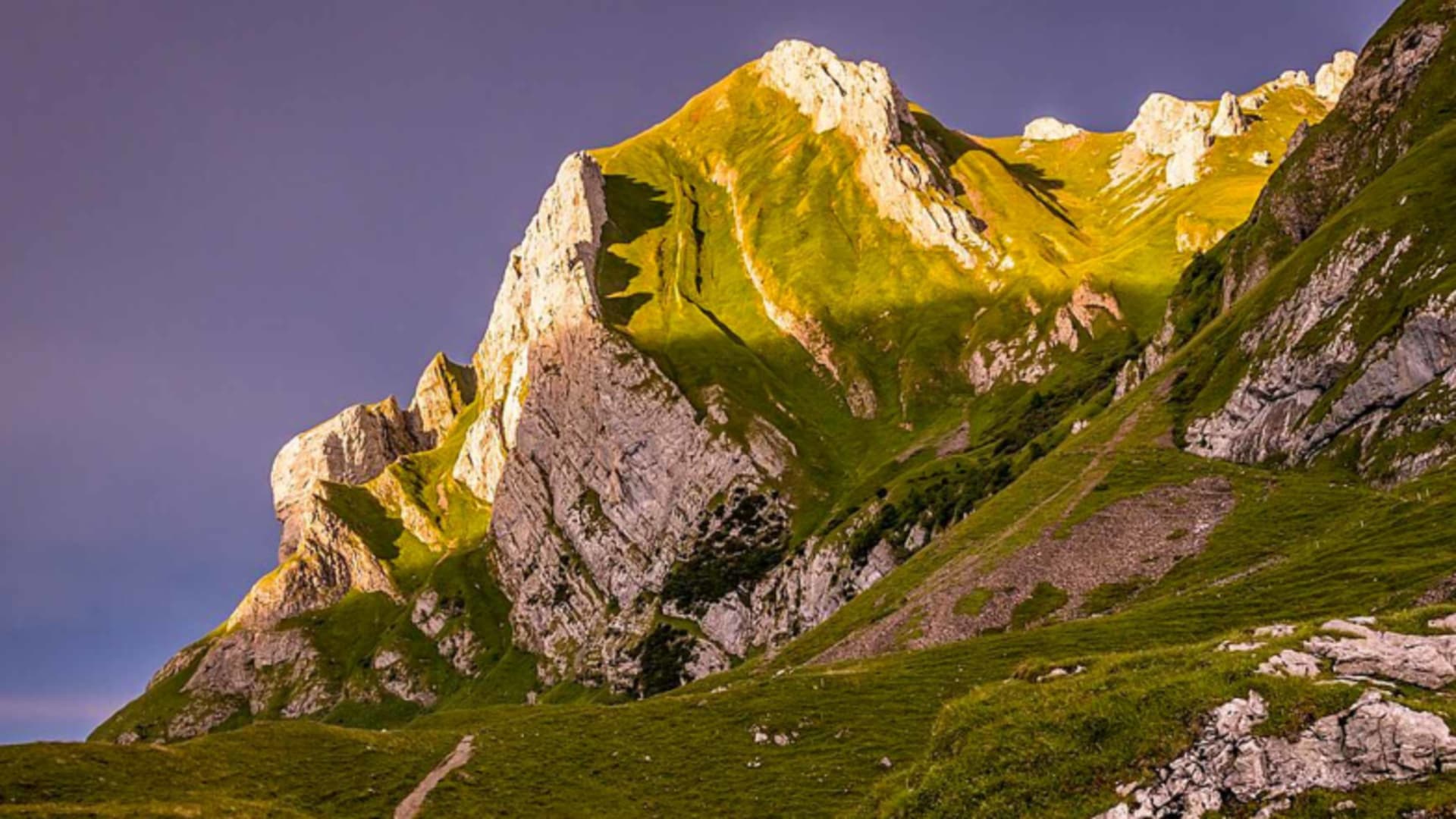 Wanderweg führt über grüne Almwiesen zur Meglisalp vor hellen Kalksteinwänden im warmen Abendlicht.