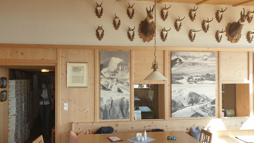 Traditioneller Gastraum der Similaunhütte mit über 20 Gämstrophäen und alpinen Bergfotografien an den Wänden.