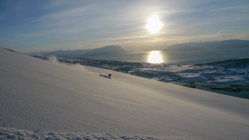 In Norwegen fährt Bergführer Christoph Sokoll einen steilen Schneehang hinab, während Pulverschnee aufwirbelt.