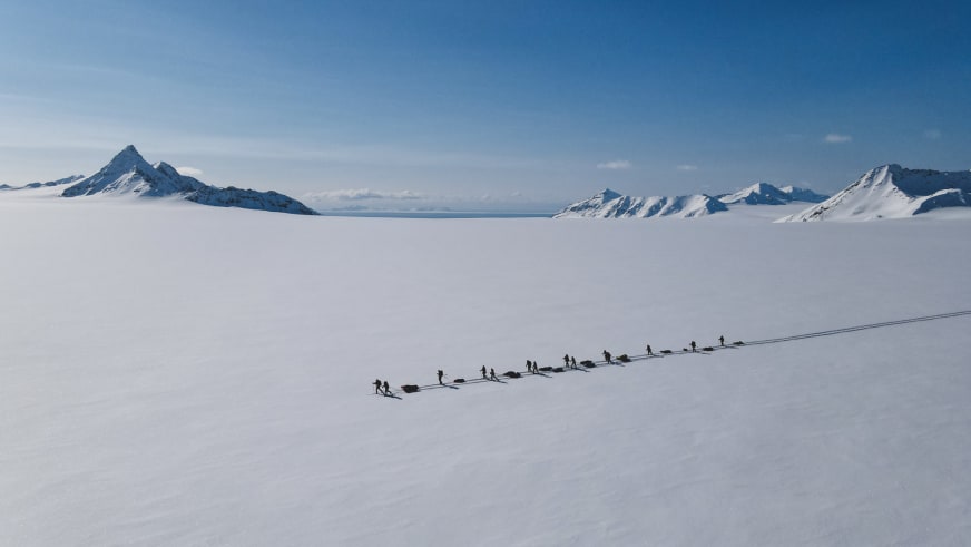 Bergwanderführer Jonas Haass führt eine Gruppe von etwa 15 Personen als Seilschaft über weite schneebedeckte Gletscherfläche in arktischer Landschaft.