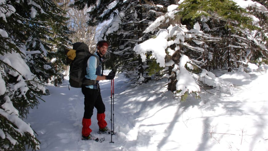 Bergwanderführer Jonas Bergmann mit roter Mütze und grünem Rucksack beim Schneeschuhwandern zwischen verschneiten Nadelbäumen.