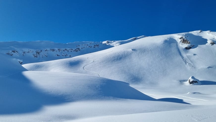 Geschwungene Skispur führt durch unberührte Schneelandschaft im Skigebiet rund um das Hotel Camana im Safiental.