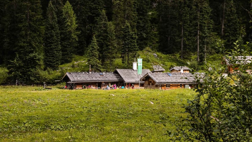 Die Wasseralm liegt auf einer grünen Bergwiese umgeben von Nadelwald im Nationalpark Berchtesgaden.