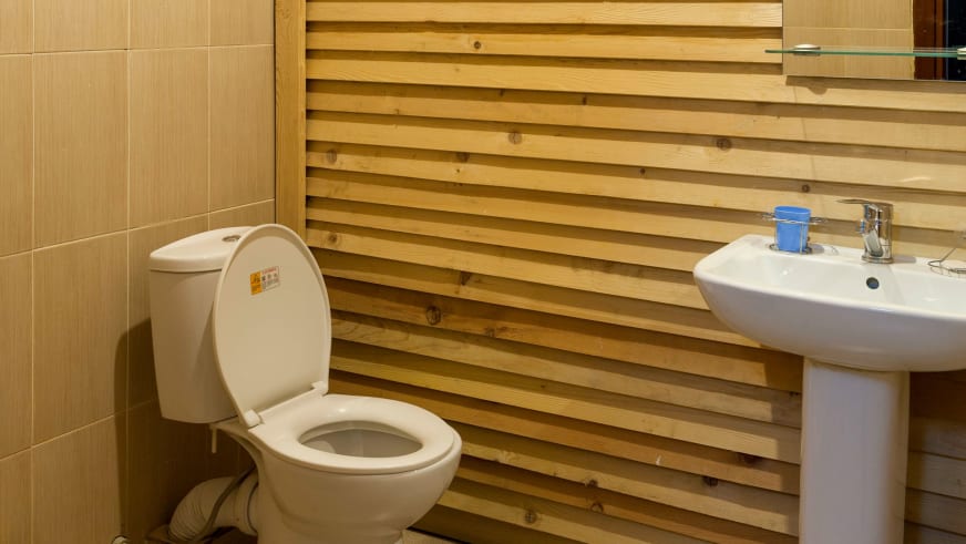 Badezimmer der Villa Mestia mit weißer Ausstattung und warmer Holzverkleidung an der Wand.