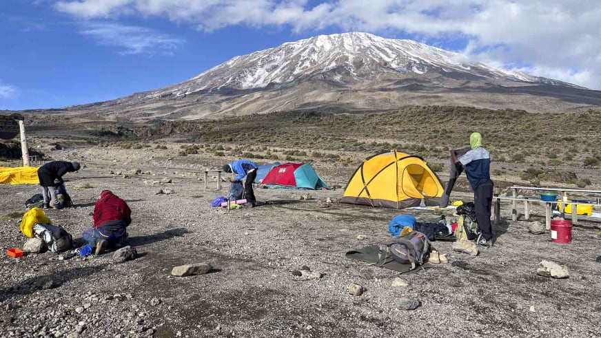 Bergsteiger beim Lageraufbau im Zeltcamp am Kilimanjaro mit verschneitem Vulkankegel im Hintergrund bei klarem Wetter.
